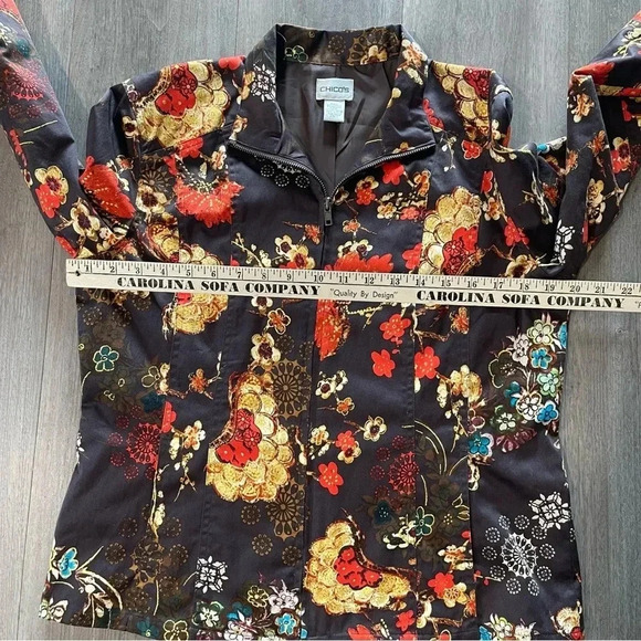 Chico’s Floral Full Zip Jacket Brown with orange blue and tan women’s small - Picture 8 of 8